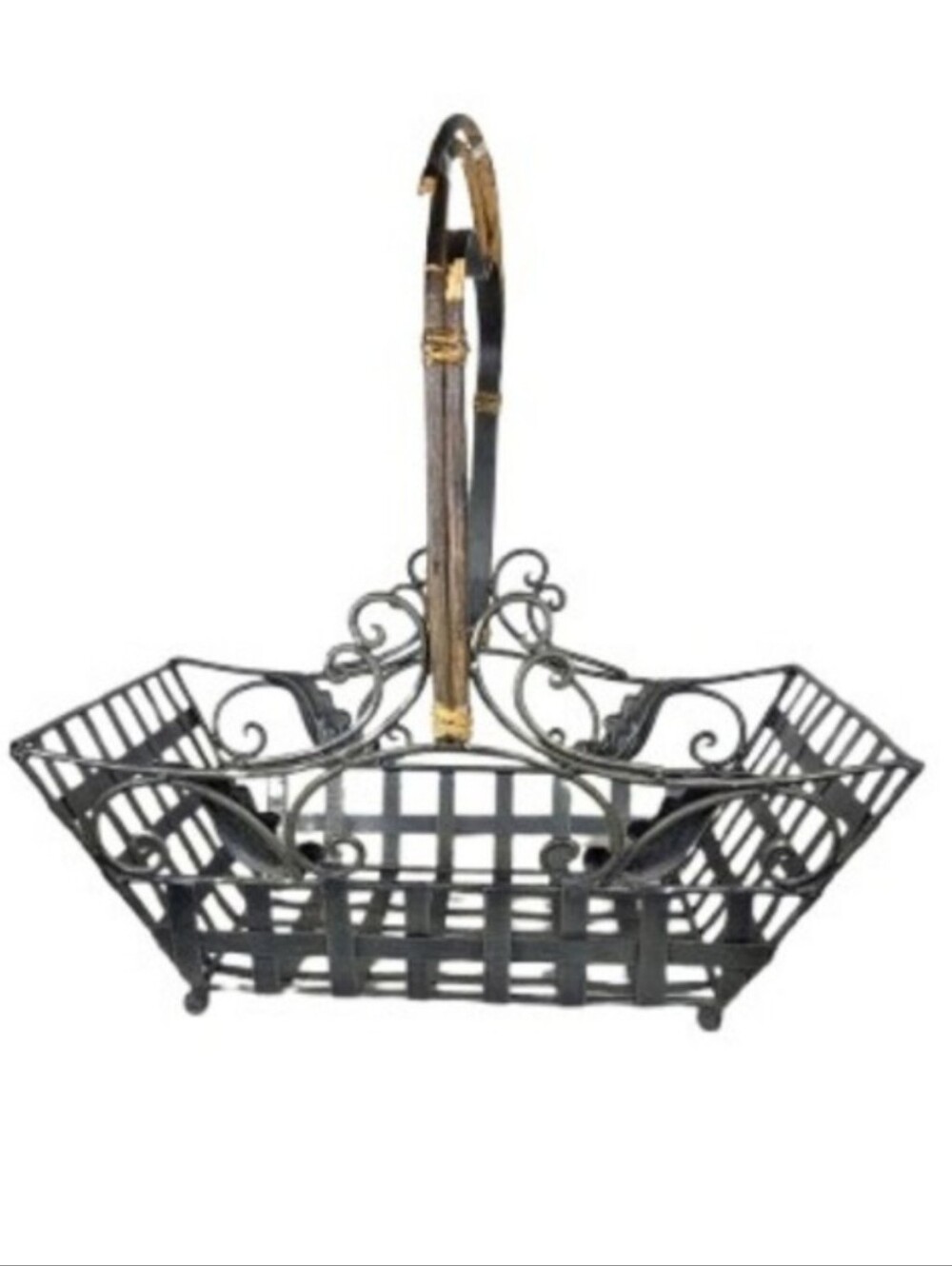 Vintage Heavy Wrought Iron Wood Handle Storage Decor Basket 18"x12"